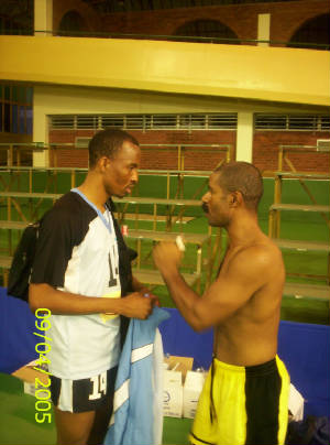 In discussion with Mauritius Libero after game